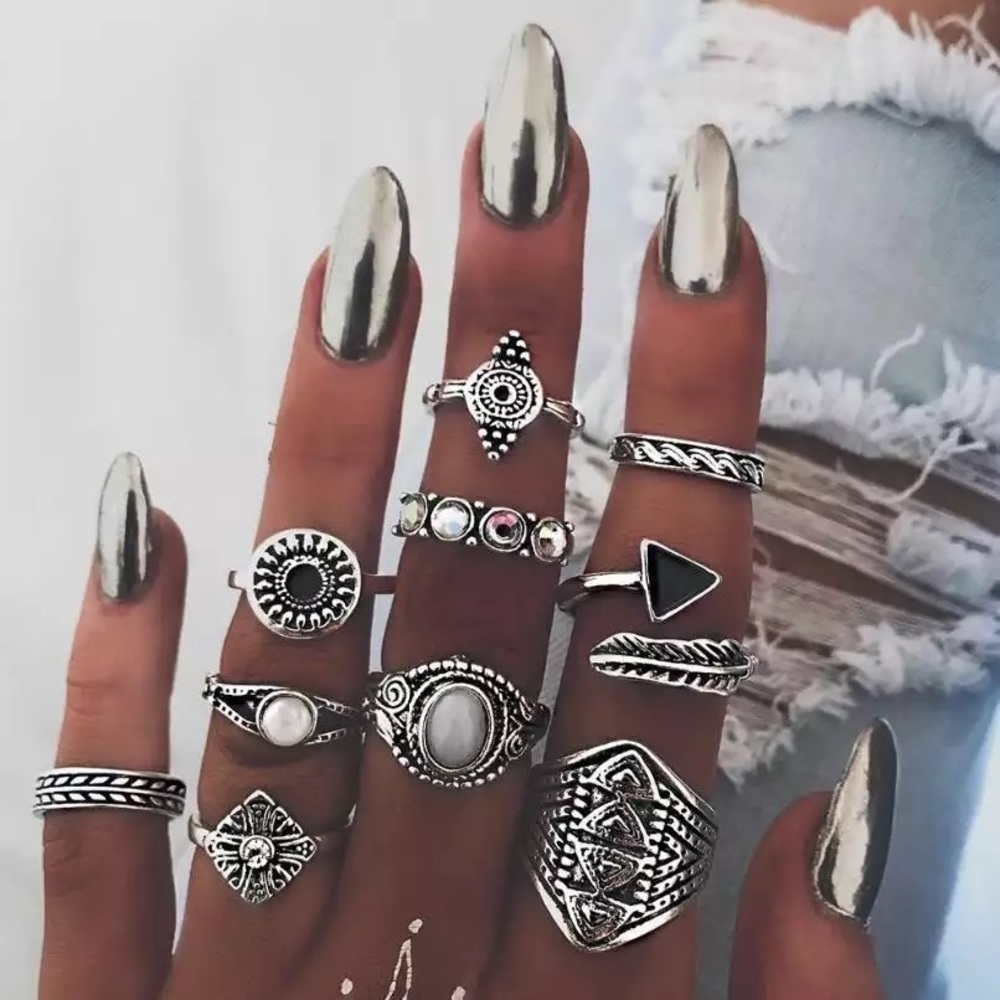 🌼 Silver Boho Ring Set